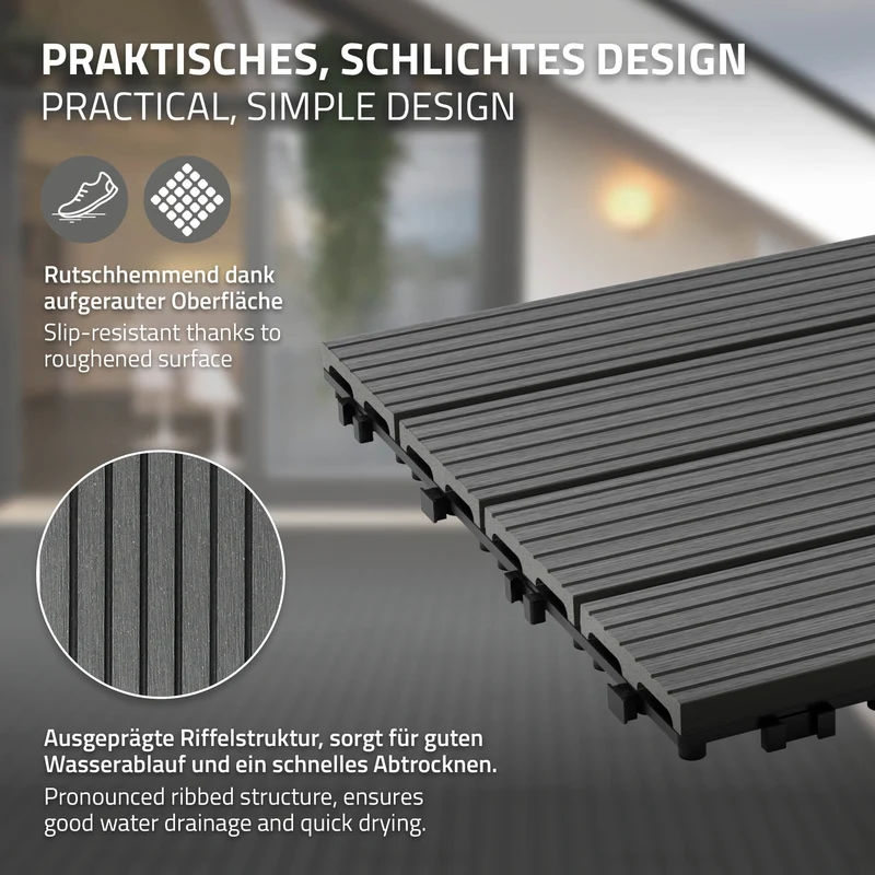 WPC Terrassenfliesen 60x30 cm 30er Set für 5m² Anthrazit in Holzoptik mit Drainage und Klicksystem
