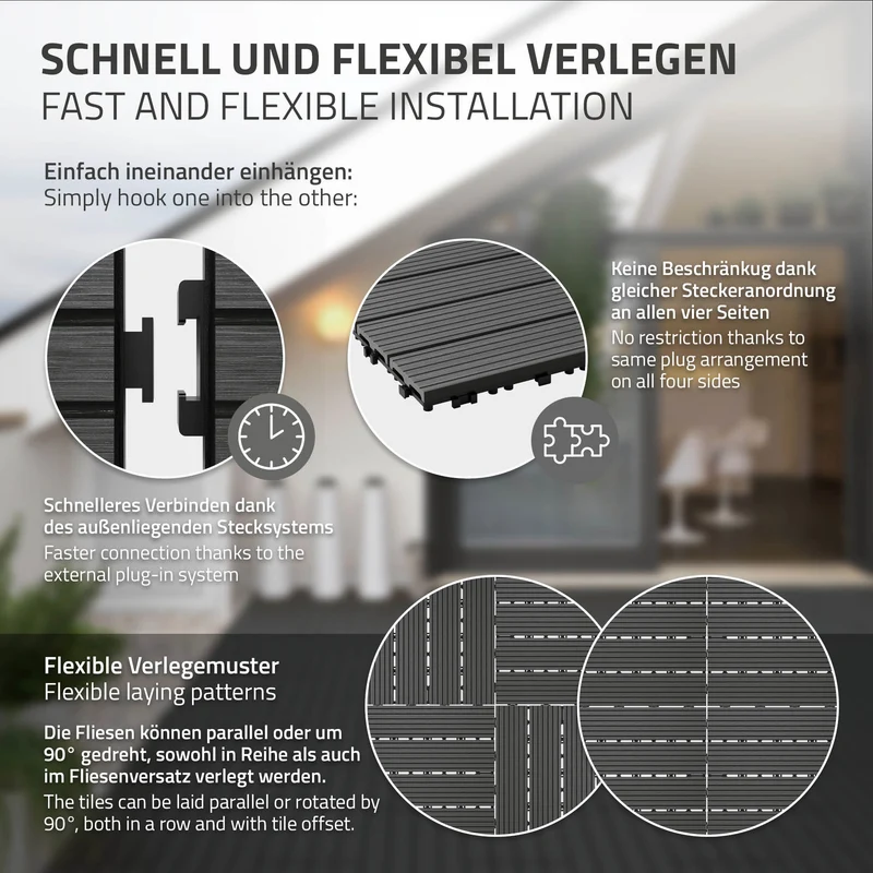 WPC Terrassenfliesen 60x30 cm 30er Set für 5m² Anthrazit in Holzoptik mit Drainage und Klicksystem