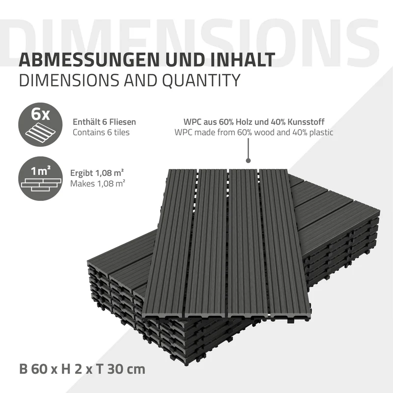 WPC Terrassenfliesen 60x30 cm 30er Set für 5m² Anthrazit in Holzoptik mit Drainage und Klicksystem