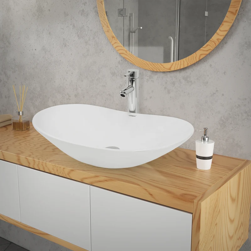 Waschbecken inkl. Ablaufgarnitur Silber ohne Überlauf 64x36,5x13 cm Weiß aus Keramik LuxeBath