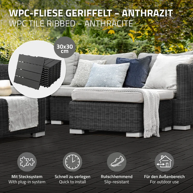 1m² 11 Stück WPC Terrassenfliesen 30x30 cm Anthrazit in Holzoptik Balkon Bodenbelag mit Drainage und Klicksystem Terrassendielen Balkonfliesen