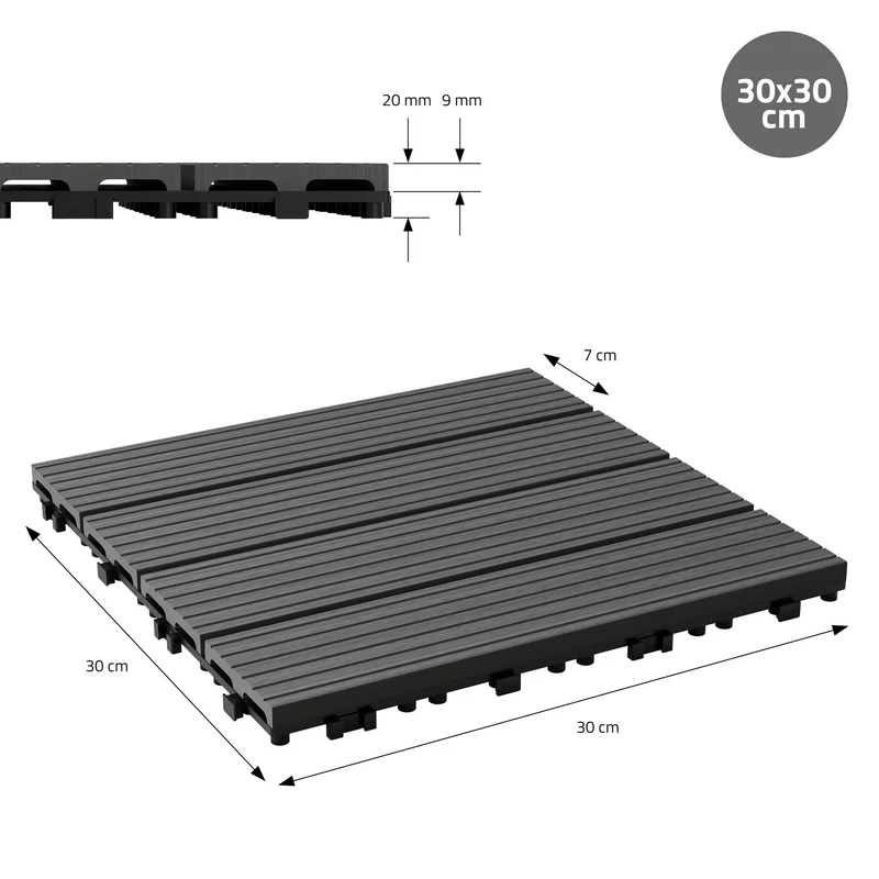 1m² 11 Stück WPC Terrassenfliesen 30x30 cm Anthrazit in Holzoptik Balkon Bodenbelag mit Drainage und Klicksystem Terrassendielen Balkonfliesen