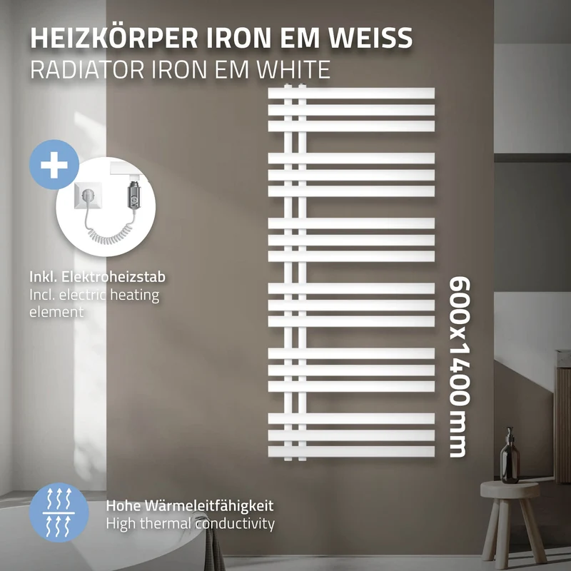 Badheizkörper Iron EM mit Heizstab 1200W 600x1400 mm Weiß