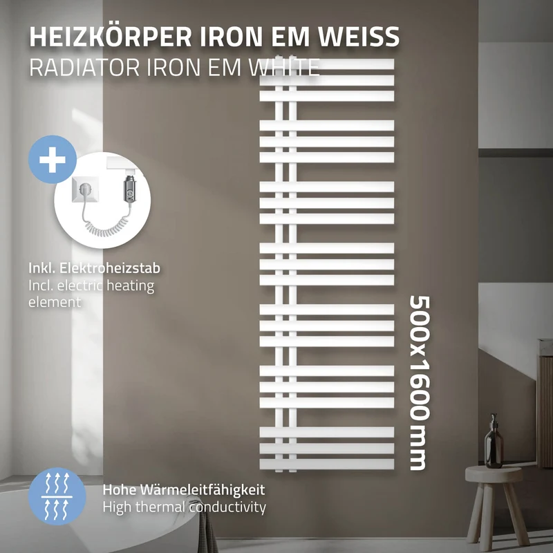 Badheizkörper Iron EM mit Heizstab 1200W 500x1600 mm Weiß