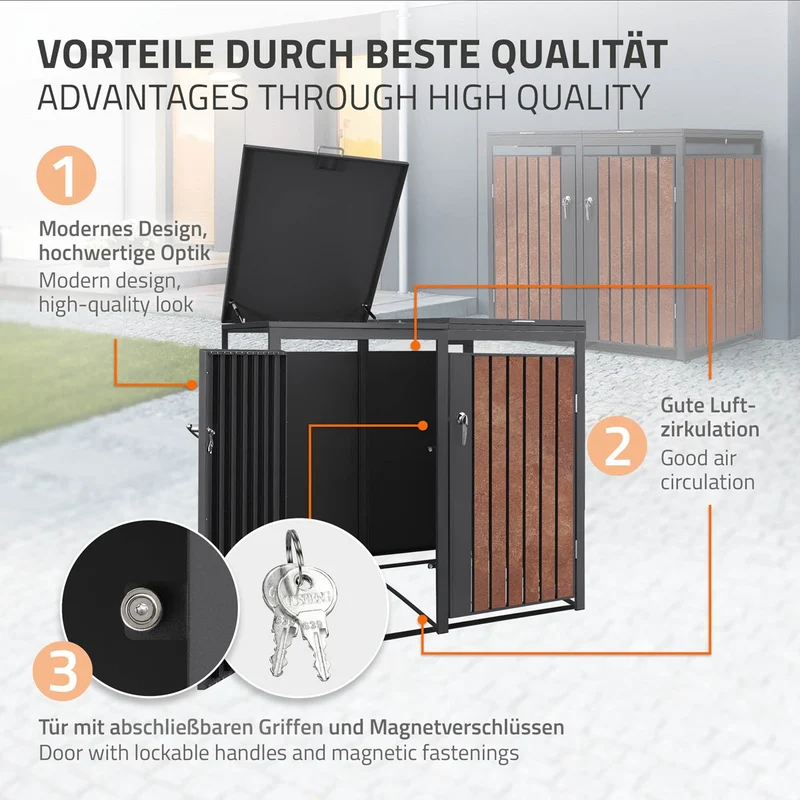 Mülltonnenbox 3er bis 240L 200x80x120 cm aus Stahl in Rostoptik ML-Design