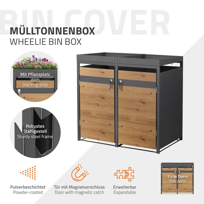 Mülltonnenbox mit Pflanzdach 2er bis 240L 132x80x124 cm aus Stahl in Eichenoptik ML-Design