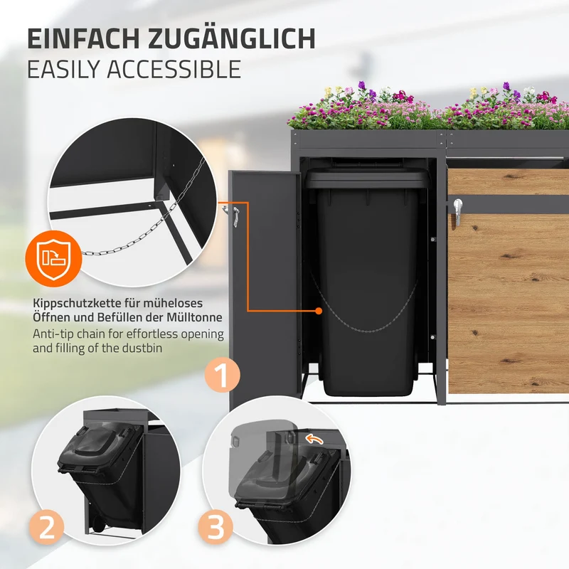 Mülltonnenbox mit Pflanzdach 2er bis 240L 132x80x124 cm aus Stahl in Eichenoptik ML-Design