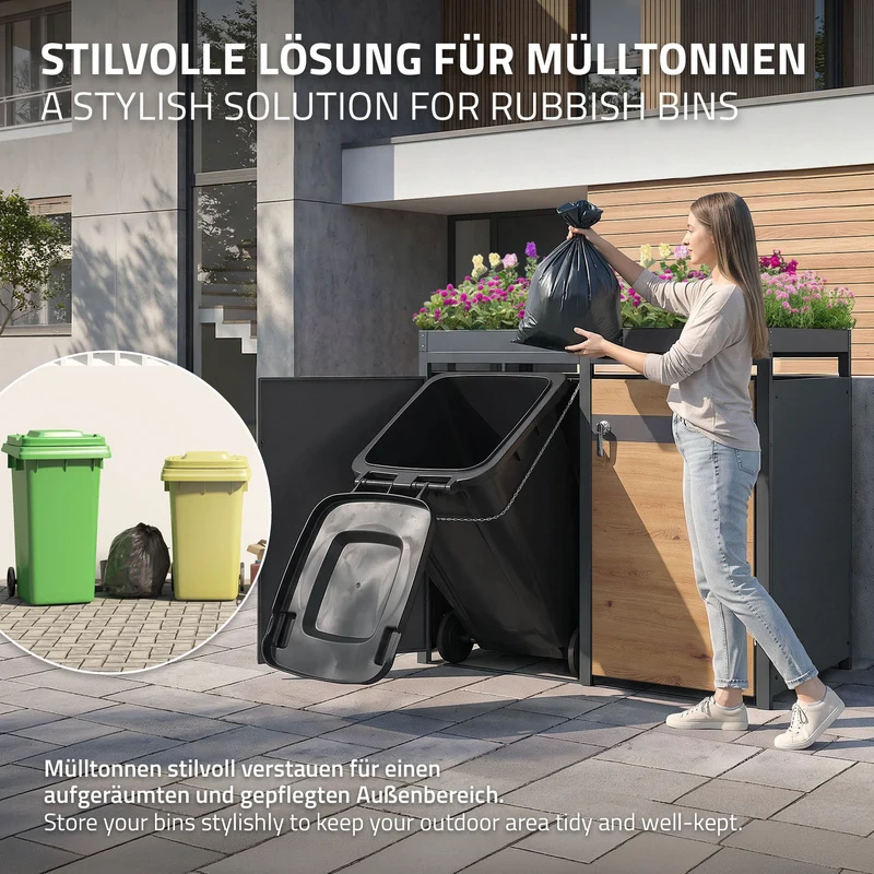 Mülltonnenbox mit Pflanzdach 2er bis 240L 132x80x124 cm aus Stahl in Eichenoptik ML-Design