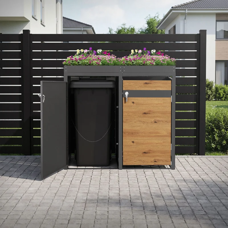 Mülltonnenbox mit Pflanzdach 2er bis 240L 132x80x124 cm aus Stahl in Eichenoptik ML-Design