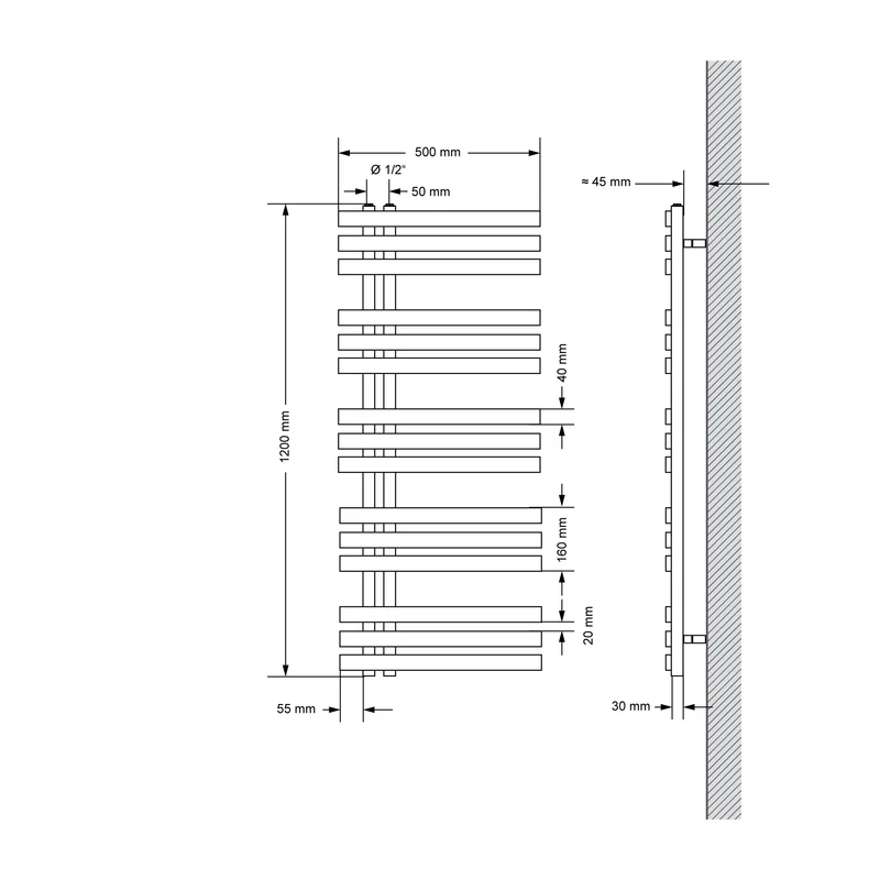 Badheizkörper Mittelanschluss 500x1200 mm Anthrazit mit Heizstab 900W LuxeBath