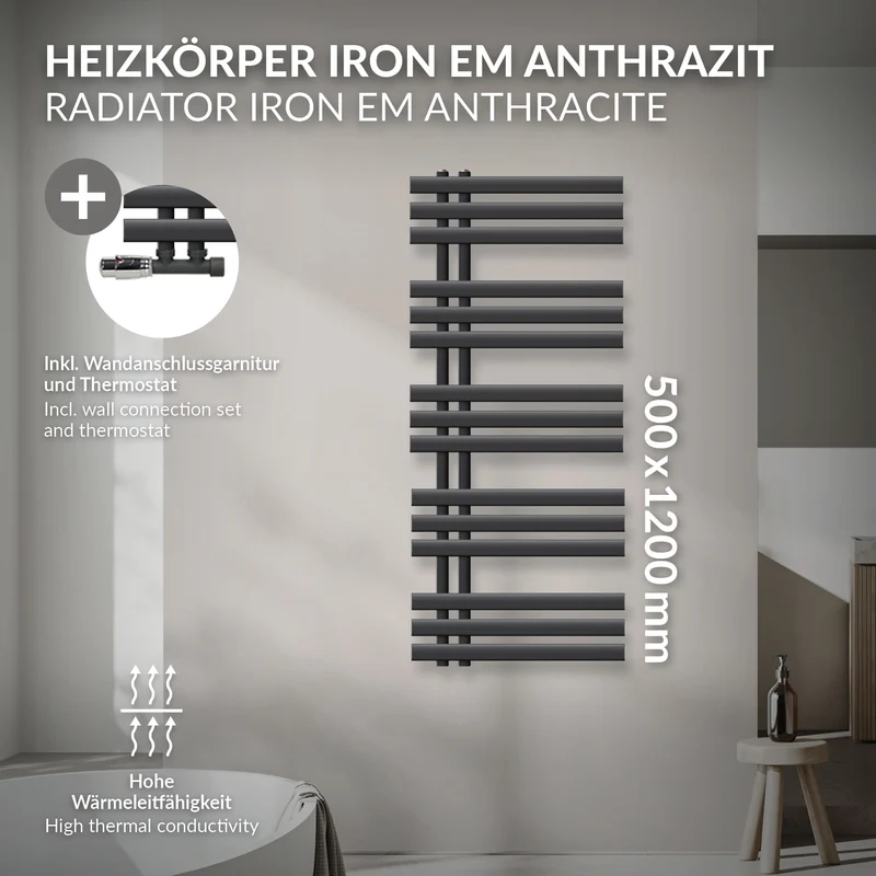 Badheizkörper Mittelanschluss 500x1200 mm Anthrazit mit Wand Anschlussgarnitur LuxeBath