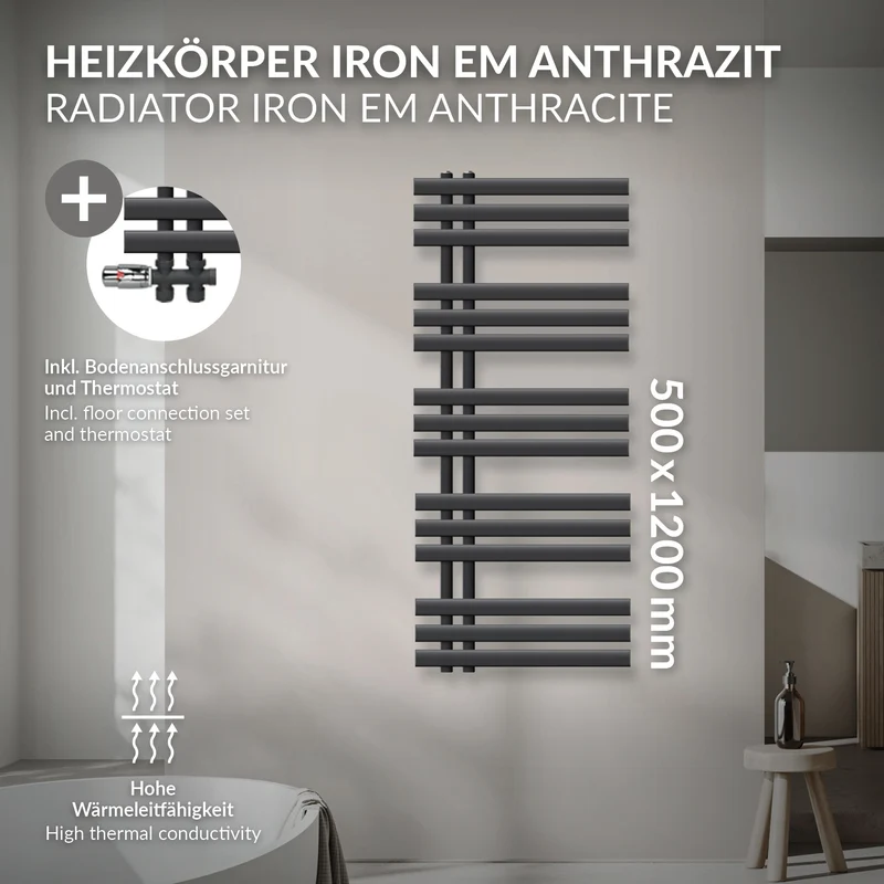 Badheizkörper Mittelanschluss 500x1200 mm Anthrazit mit Boden Anschlussgarnitur LuxeBath