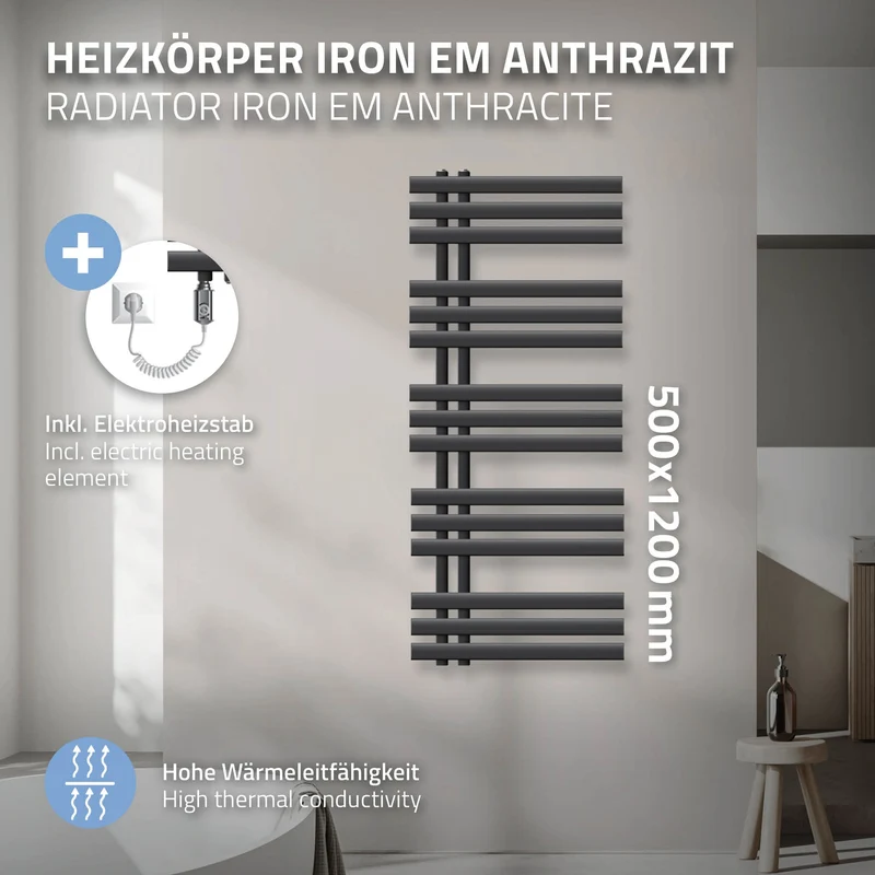 Elektrischer Badheizkörper mit Heizstab 900W 500x1200 mm Anthrazit