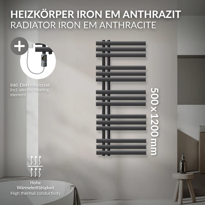 Badheizkörper Mittelanschluss 500x1200 mm Anthrazit mit Heizstab 1200W LuxeBath