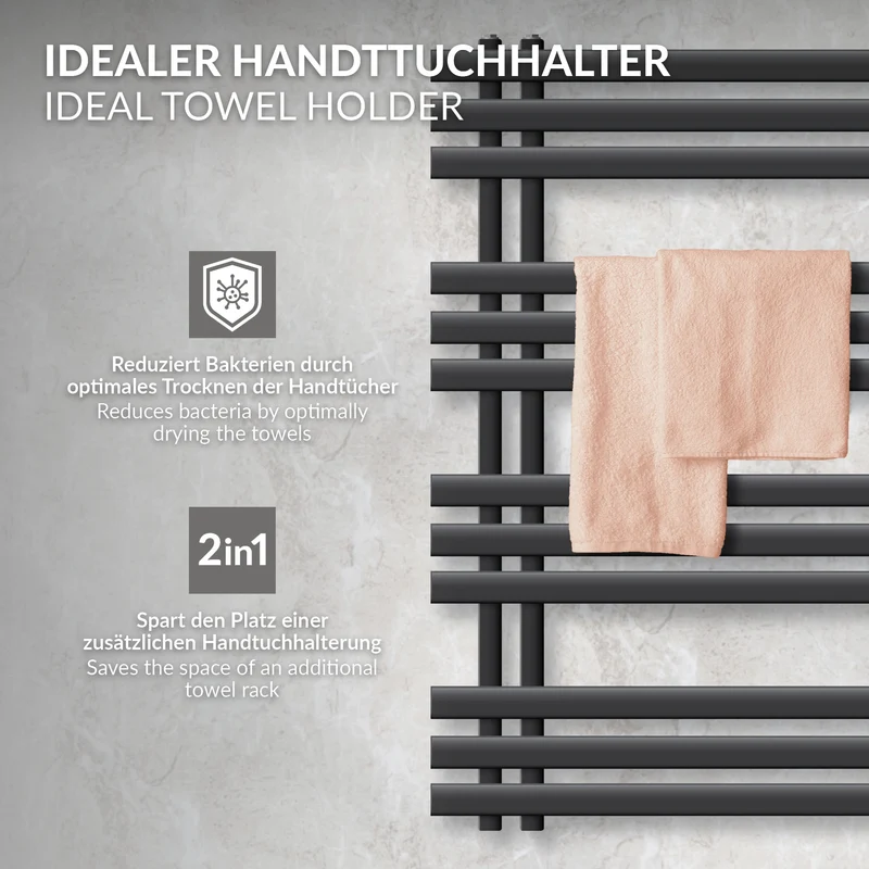 Badheizkörper Mittelanschluss 500x1200 mm Anthrazit mit Heizstab 1200W LuxeBath