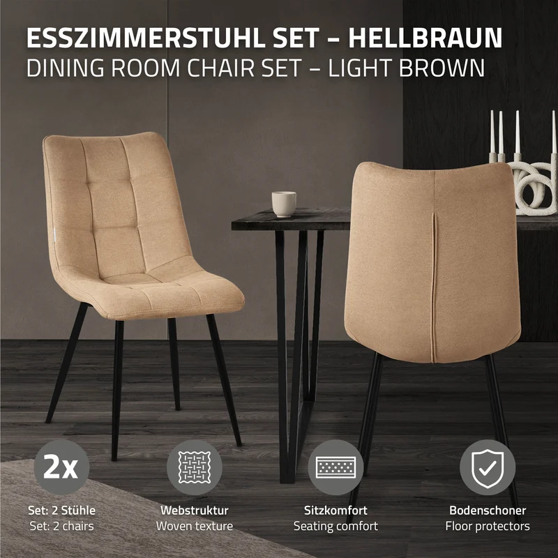 B-Ware Esszimmerstühle 2er Set Hellbraun Küchenstuhl mit Polyesterbezug und Stahlbeinen ML-Design