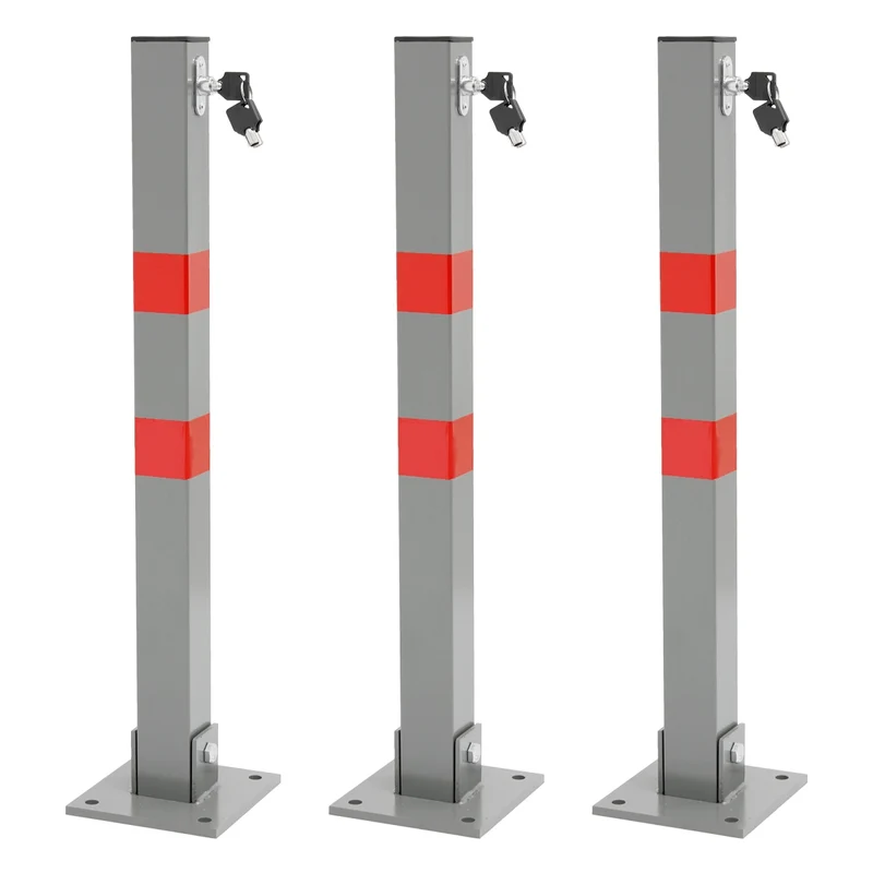 3er Set Parkplatzsperre 70 cm eckig mit Roten Warnstreifen und 3 Schlüssel aus Stah