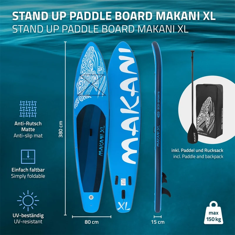 Stand Up Paddle aufblasbares SUP Board Makani XL 380x80x15 cm in Blau aus PVC inkl. Pumpe und Tragetasche