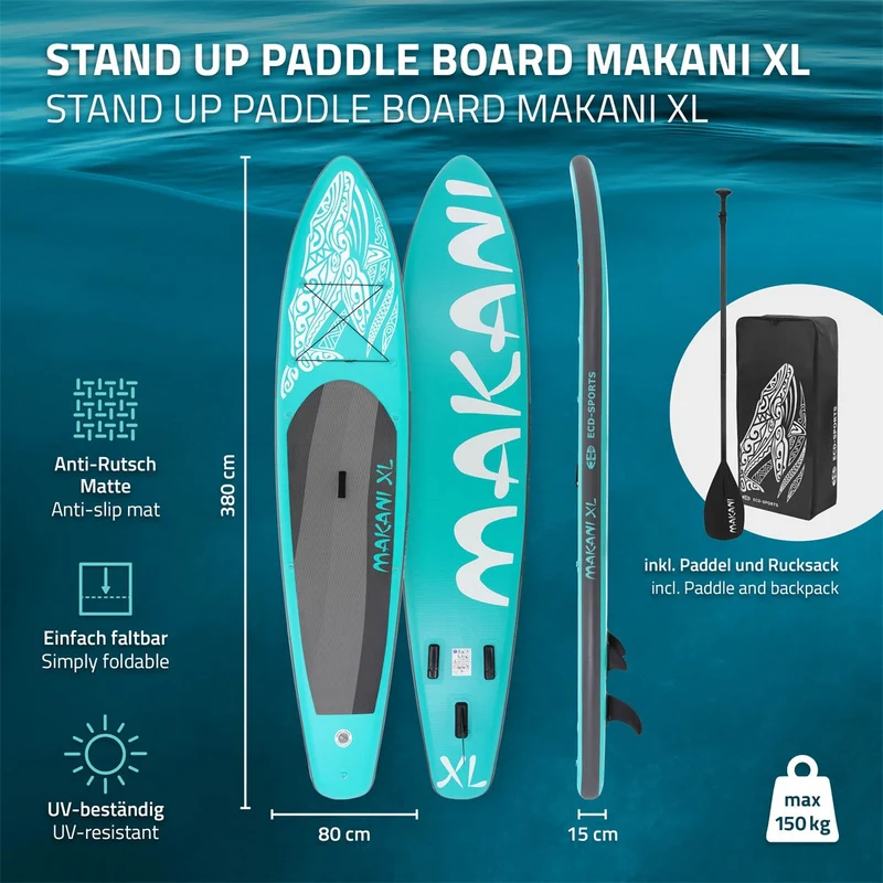 Stand Up Paddle aufblasbares SUP Board Makani XL 380x80x15 cm in Türkis aus PVC inkl. Pumpe und Tragetasche