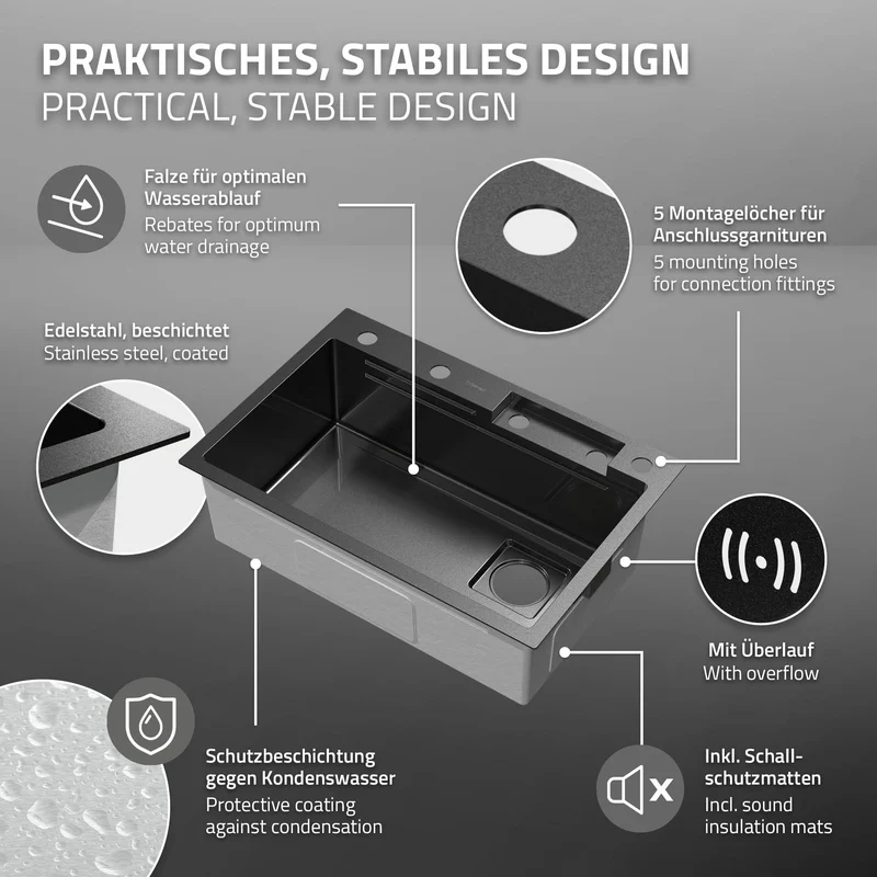 B-Ware Einbauspüle mit Wasserhahn Komplett Set 8-teilig Anthrazit 68x46 cm aus Edelstahl ML-Design