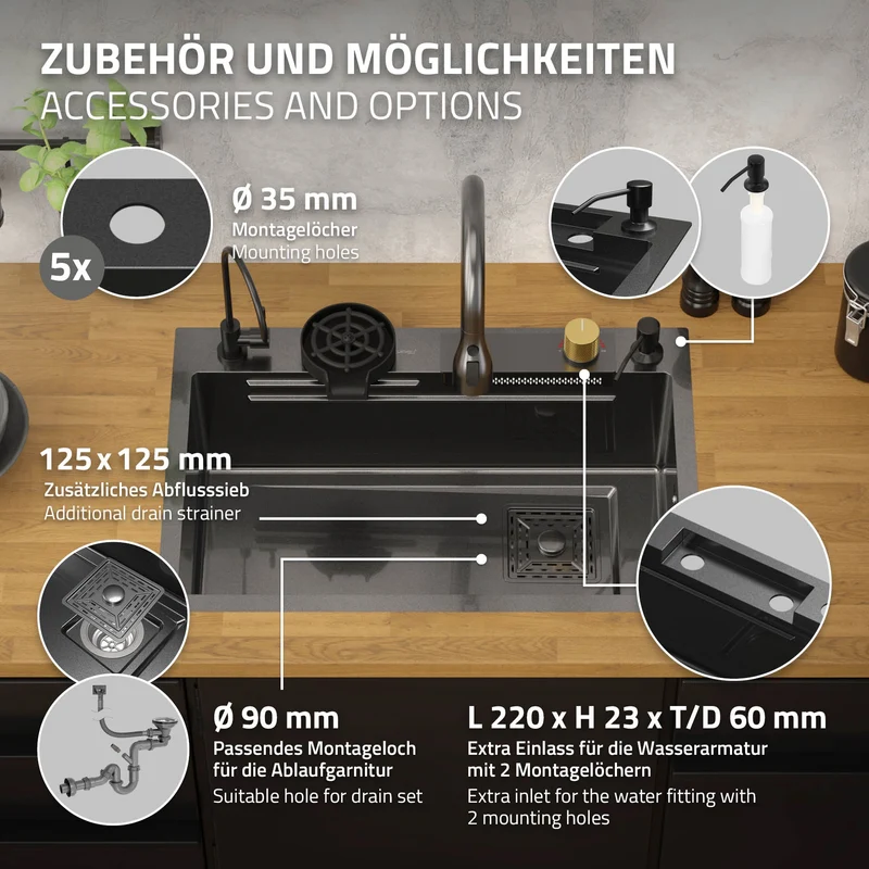 B-Ware Einbauspüle mit Wasserhahn Komplett Set 8-teilig Anthrazit 68x46 cm aus Edelstahl ML-Design