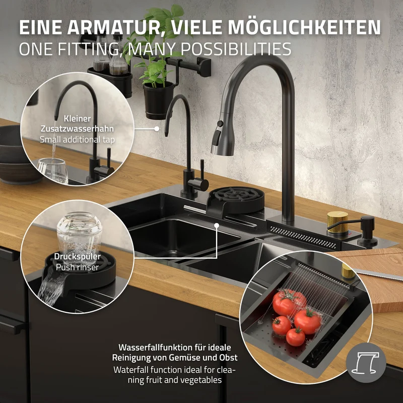 B-Ware Einbauspüle mit Wasserhahn Komplett Set 8-teilig Anthrazit 68x46 cm aus Edelstahl ML-Design