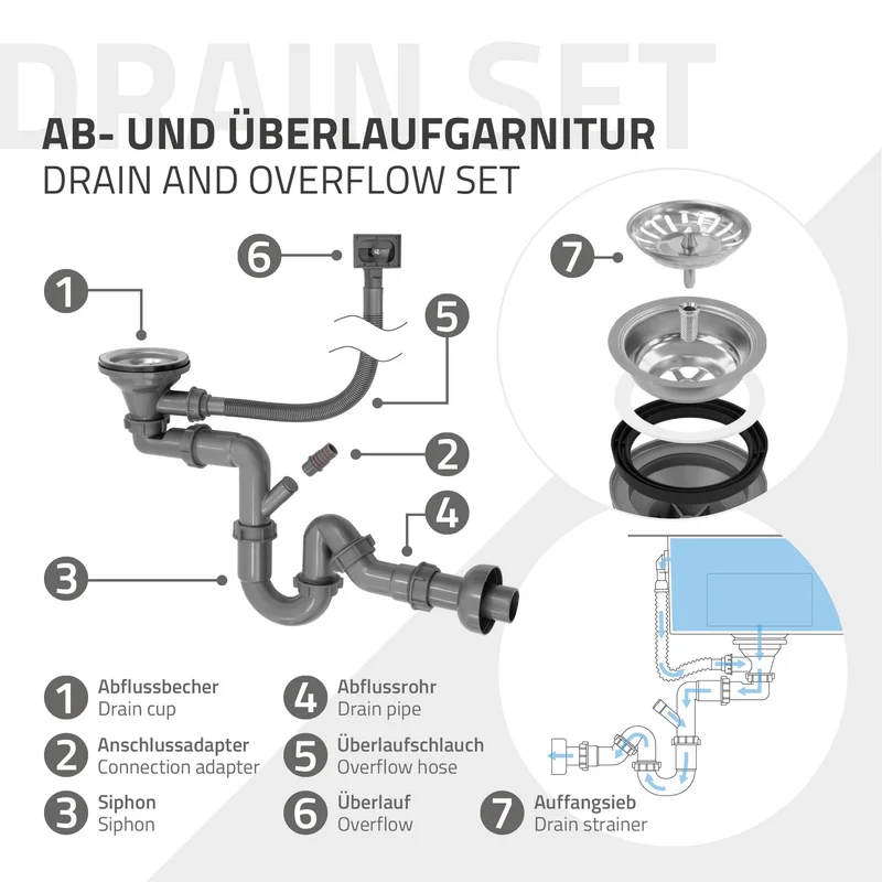 B-Ware Einbauspüle mit Wasserhahn Komplett Set 8-teilig Anthrazit 68x46 cm aus Edelstahl ML-Design