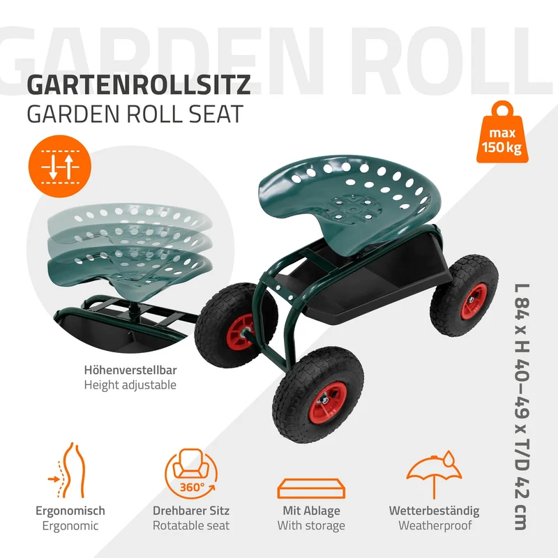 B-Ware Gartenrollsitz 360° drehbar und höhenverstellbar, Rollsitz aus Stahl mit Ablagefläche & breite Reifen bis 150 kg