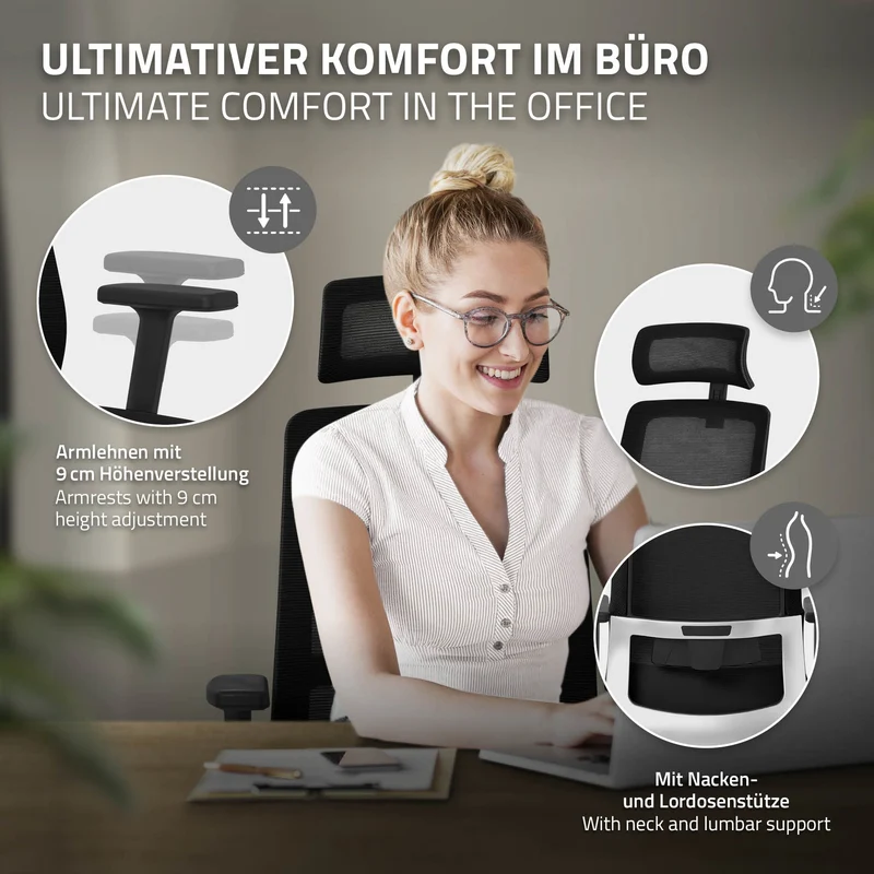 B-Ware Ergonomischer Bürostuhl Schwarz Netzgewebe mit verstellbaren Armlehnen und Kopfstütze ML-Design