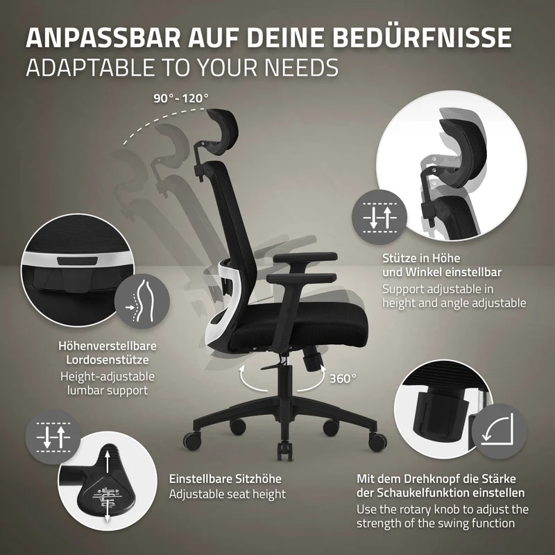 B-Ware Ergonomischer Bürostuhl Schwarz Netzgewebe mit verstellbaren Armlehnen und Kopfstütze ML-Design