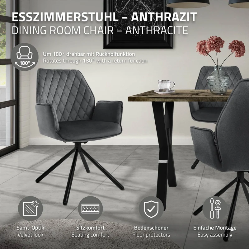 B-Ware Esszimmerstuhl drehbar mit Rücken- und Armlehnen Anthrazit Küchenstuhl mit Microfaser-Samtbezug ML-Design