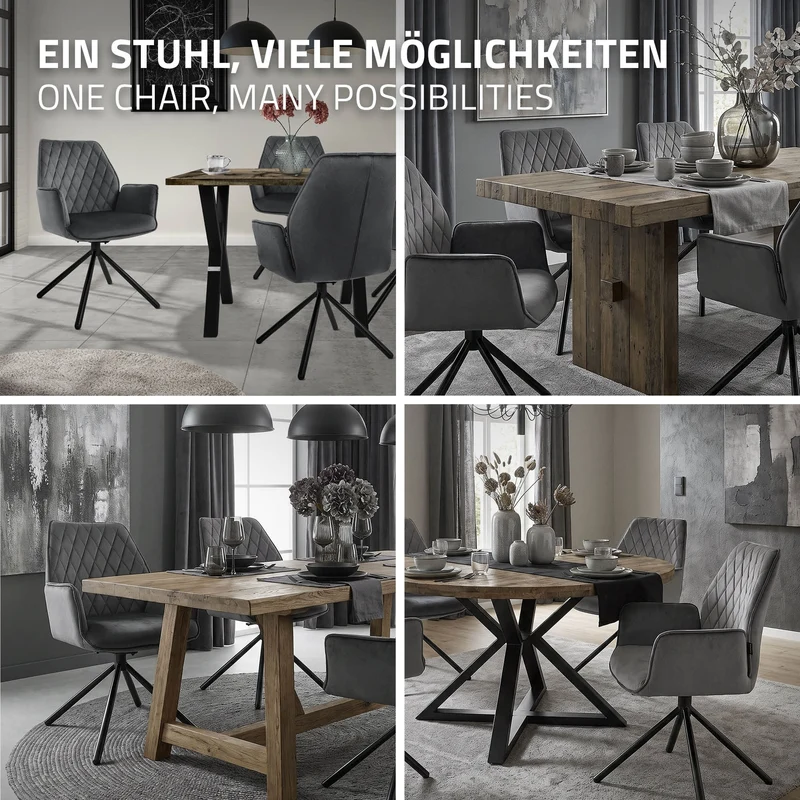 B-Ware Esszimmerstuhl drehbar mit Rücken- und Armlehnen Anthrazit Küchenstuhl mit Microfaser-Samtbezug ML-Design
