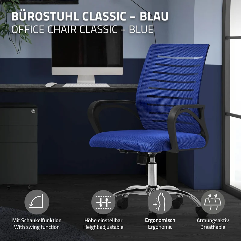 B-Ware Ergonomischer Bürostuhl mit Armlehnen Netzgewebe Blau mit Rollen ML-Design