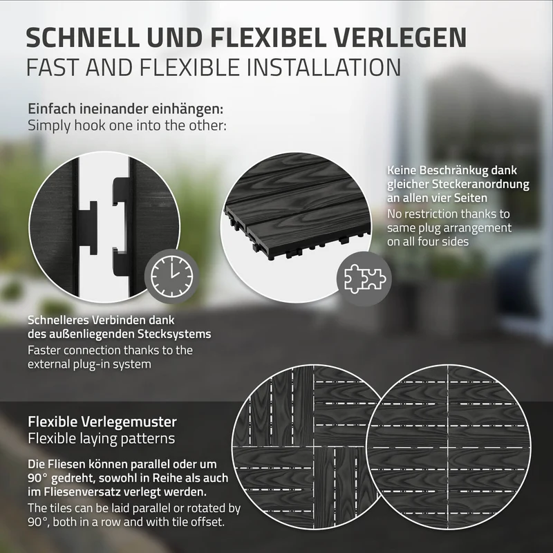 5x WPC Terrassenfliesen 30x30 cm 11er Spar Set für 1m² Anthrazit in Holzoptik Bodenbelag mit Drainage und Klicksystem