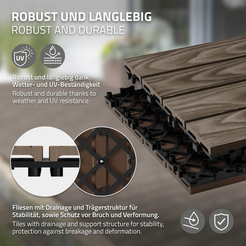 5x WPC Terrassenfliesen 30x30 cm 11er Spar Set für 1m² Dunkelbraun in Holzoptik Bodenbelag mit Drainage & Klicksystem