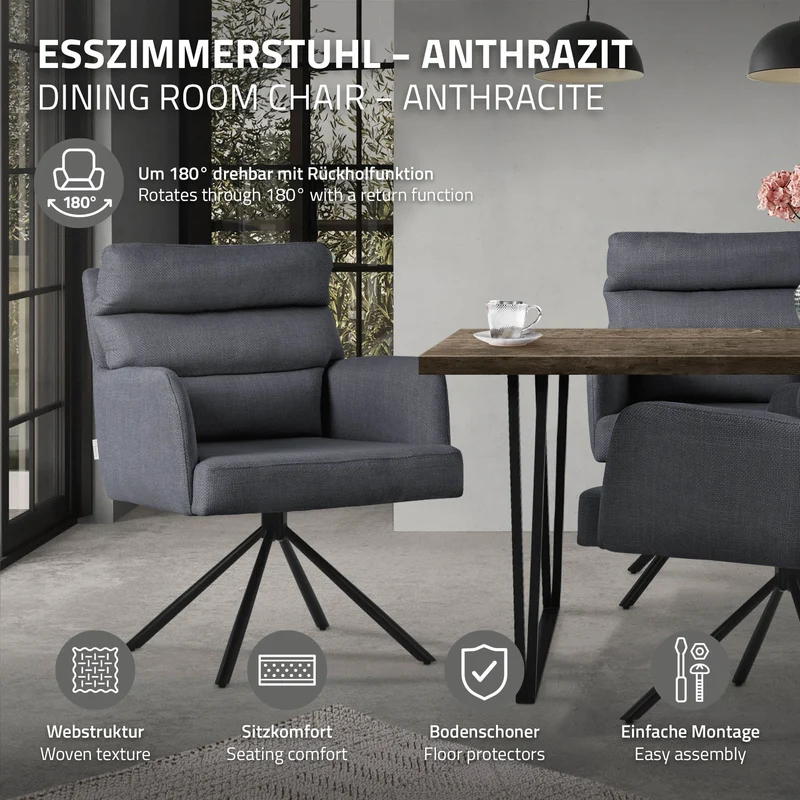 B-Ware Esszimmerstuhl Anthrazit drehbar mit abnehmbaren Rückenkissen gepolstert bis 120 Kilogramm ML-Design