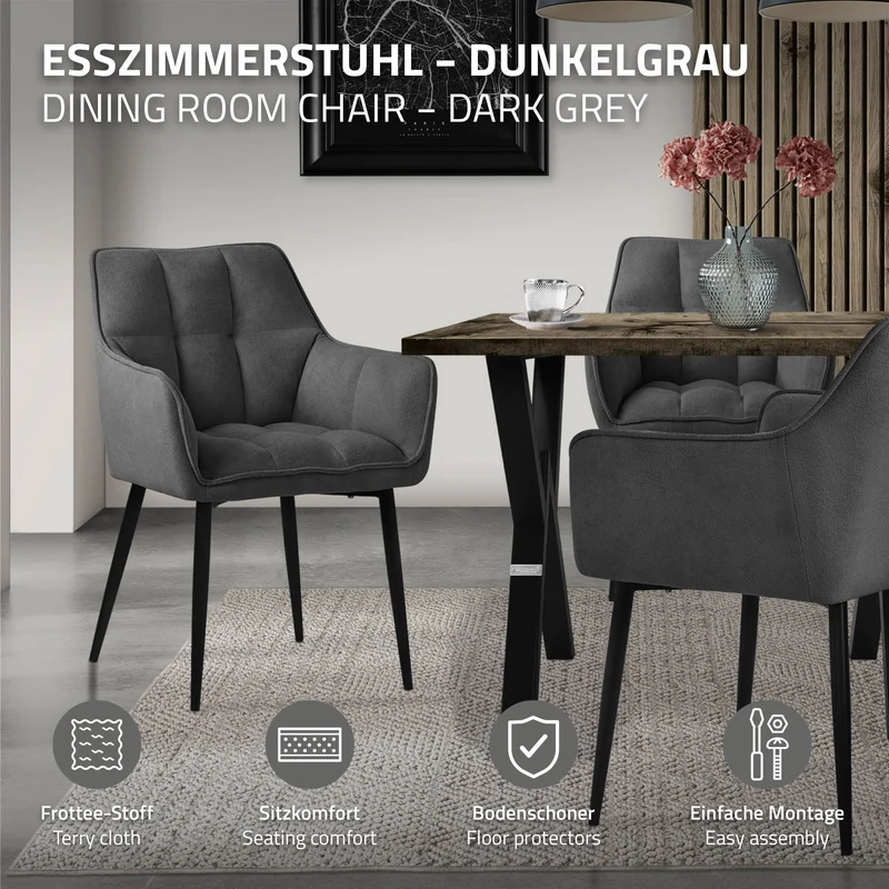 B-Ware Esszimmerstuhl Dunkelgrau aus Frotteestoff mit dickem gepolsterter Sitz ML-Design