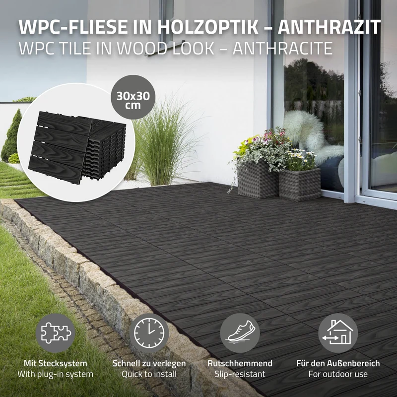 2x WPC Terrassenfliesen 30x30 cm 11er Spar Set für 1m² Anthrazit in Holzoptik Bodenbelag mit Drainage und Klicksystem