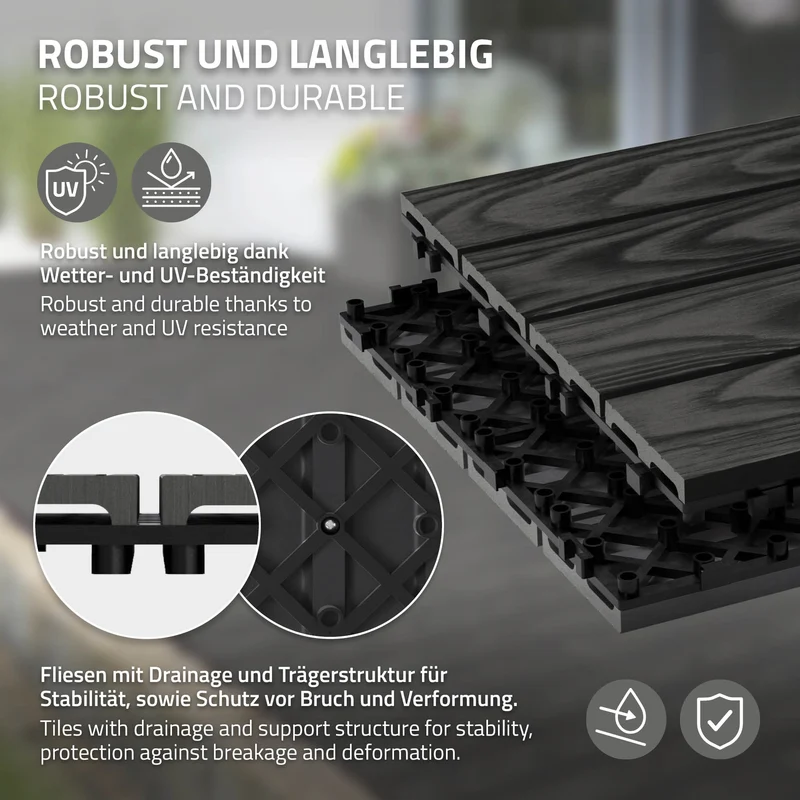 2x WPC Terrassenfliesen 30x30 cm 11er Spar Set für 1m² Anthrazit in Holzoptik Bodenbelag mit Drainage und Klicksystem