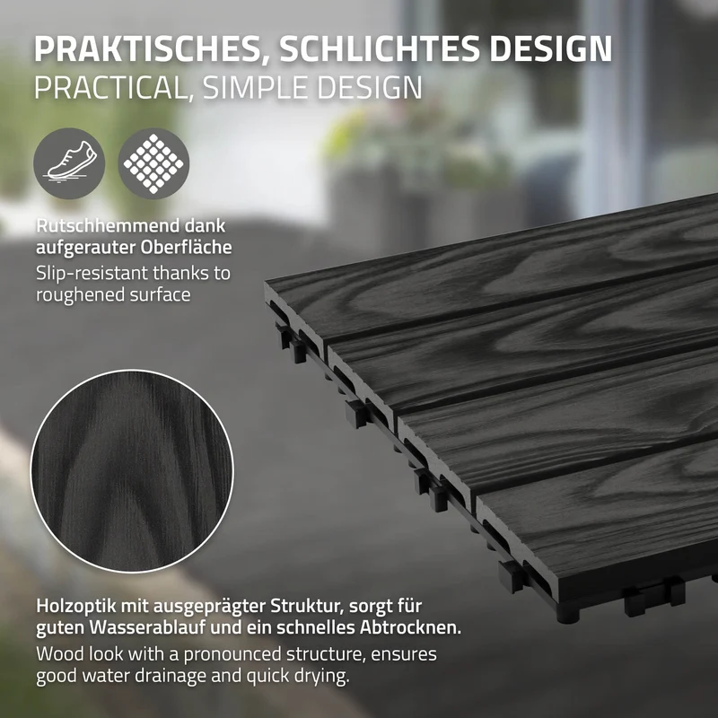 2x WPC Terrassenfliesen 30x30 cm 11er Spar Set für 1m² Anthrazit in Holzoptik Bodenbelag mit Drainage und Klicksystem