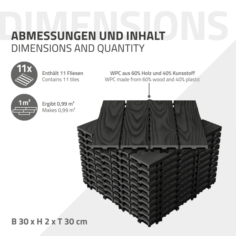 2x WPC Terrassenfliesen 30x30 cm 11er Spar Set für 1m² Anthrazit in Holzoptik Bodenbelag mit Drainage und Klicksystem