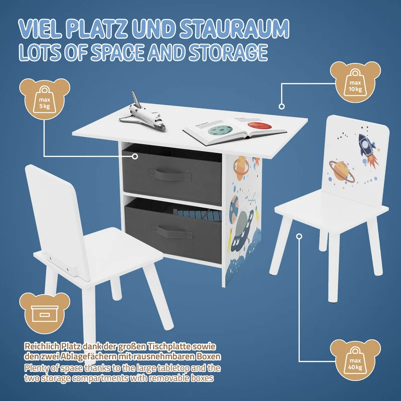 Kindersitzgruppe mit Tisch und 2 Stühlen Weltraum-Motiv aus Holz für Kinder Joyz