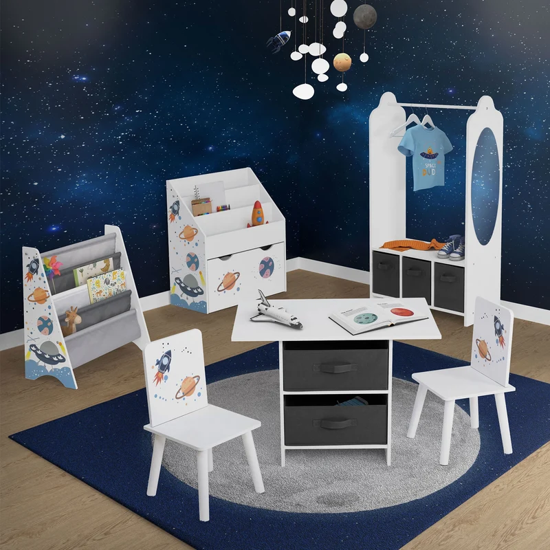 Kindersitzgruppe mit Tisch und 2 Stühlen Weltraum-Motiv aus Holz für Kinder Joyz