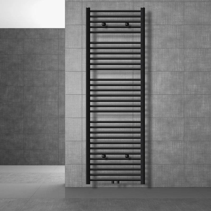 Design Badheizkörper Sahara mit Universal Thermostatventil 600x1800 mm gerade Schwarz matt Mittelanschluss LuxeBath