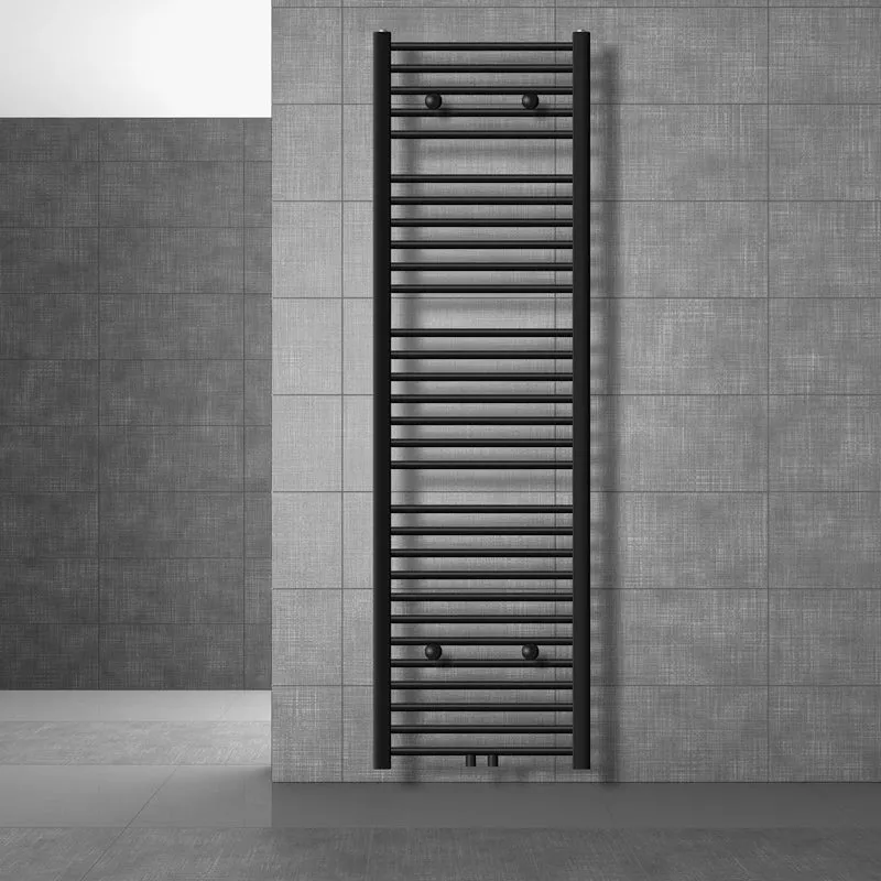 Design Badheizkörper Sahara mit Boden Thermostatventil 500x1800 mm gerade Schwarz matt Mittelanschluss LuxeBath