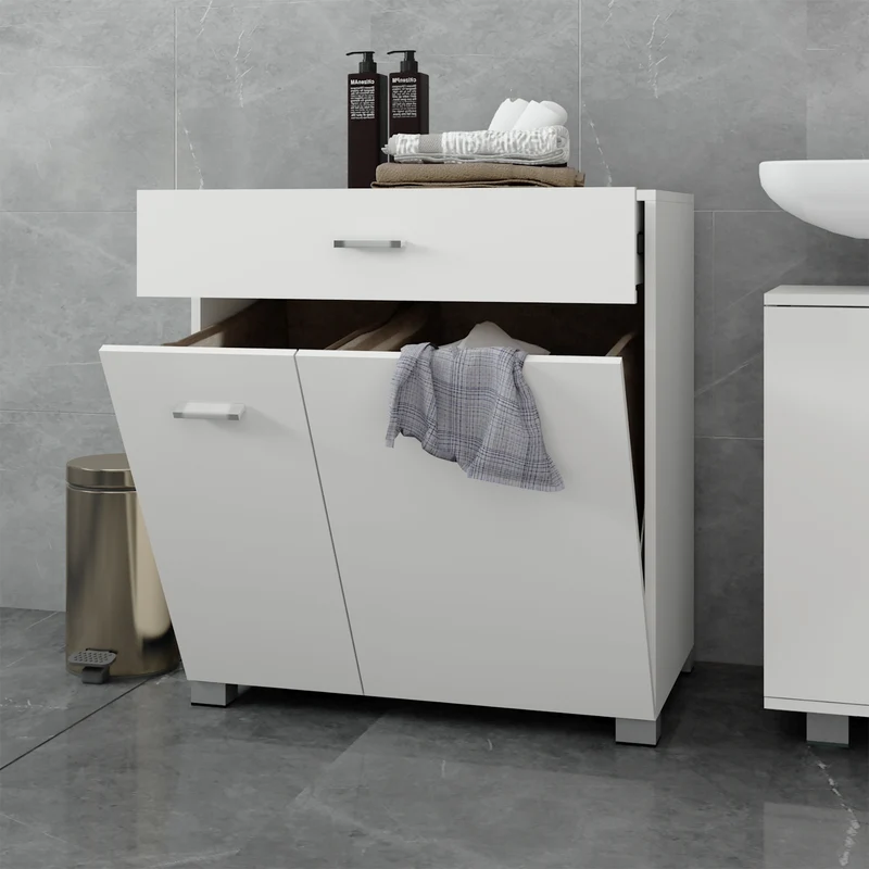 B-Ware Wäscheschrank mit Schublade 75x78,5x45 cm Weiß aus MDF mit Melamin-Finish ML-Design