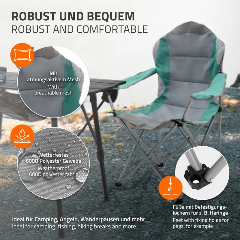 Campingstuhl 2er Set faltbar Grau-Türkis klappbarer Angelstuhl mit Getränkehalter & Tragetasche