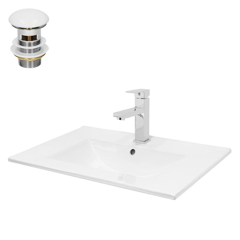 Waschbecken mit Wasserhahn eckig 71x46,5x17,5 cm Weiß aus Keramik inkl. Ablaufgarnitur Weiß mit Überlauf LuxeBath