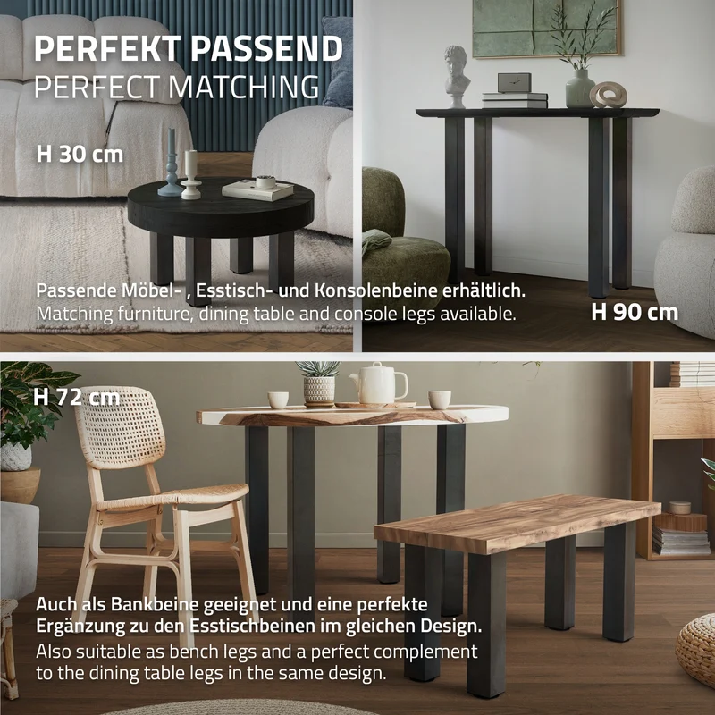 B-Ware 4er Set Tischbeine I-Design 42 cm Optik Industrial Stahl pulverbeschichtet eckig Profil 8x8 cm Höhenverstellbare Möbelfüße 1-4 cm ML-Design