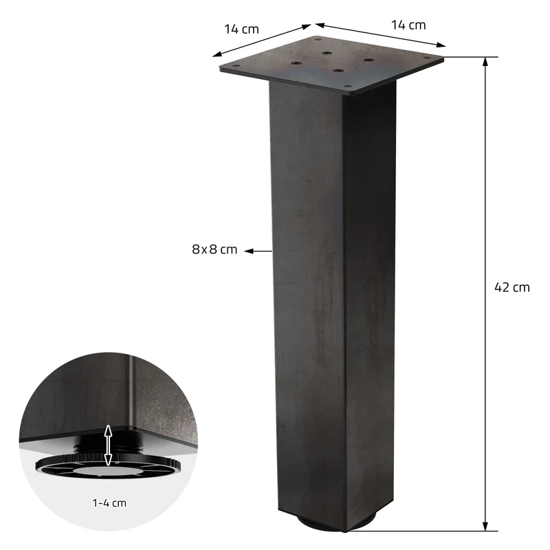 B-Ware 4er Set Tischbeine I-Design 42 cm Optik Industrial Stahl pulverbeschichtet eckig Profil 8x8 cm Höhenverstellbare Möbelfüße 1-4 cm ML-Design